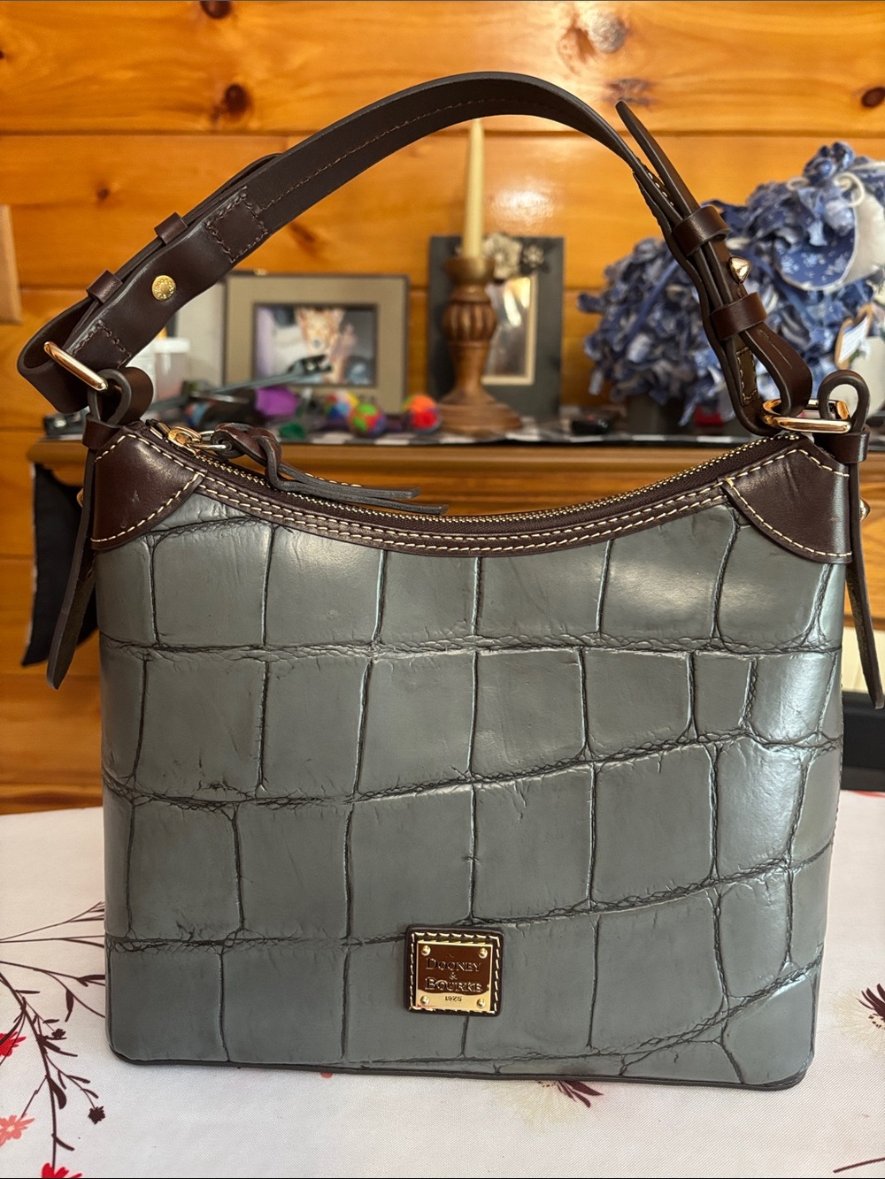 Dooney & Bourke Gray Croc-Embossed Leather Shoulder Bag with Dark Brown Trim